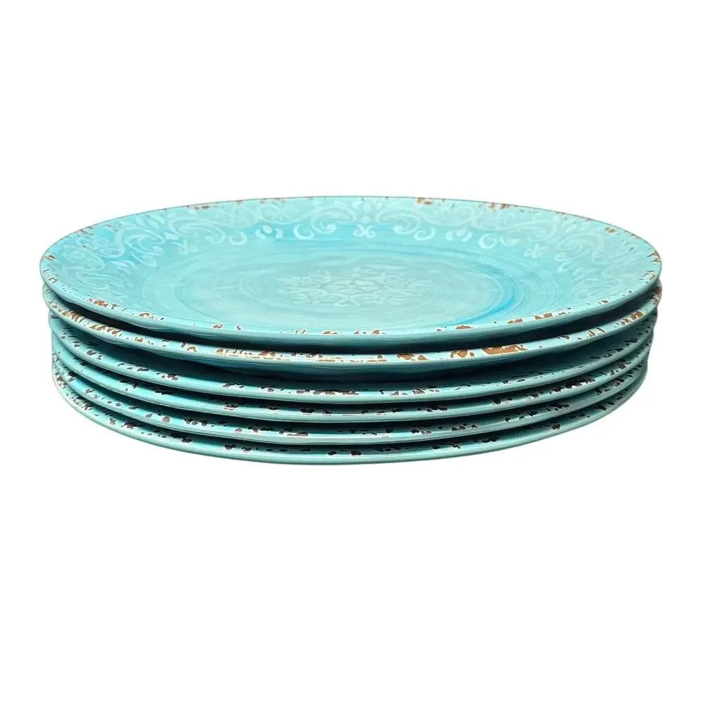 Cynthia Rowley Melamine Blue Rustic Crackle Scroll Dinner Plates 11